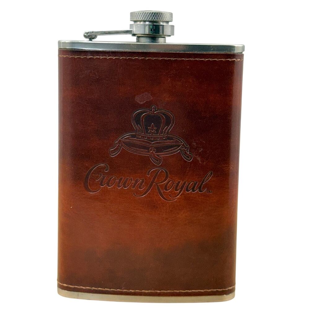 Vintage Crown Royal Leather Wrapped Flask Stainless Steel 6oz
